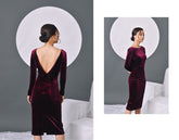 Velvet bodycon midi dress with long sleeves and deep V-back for evening sophistication